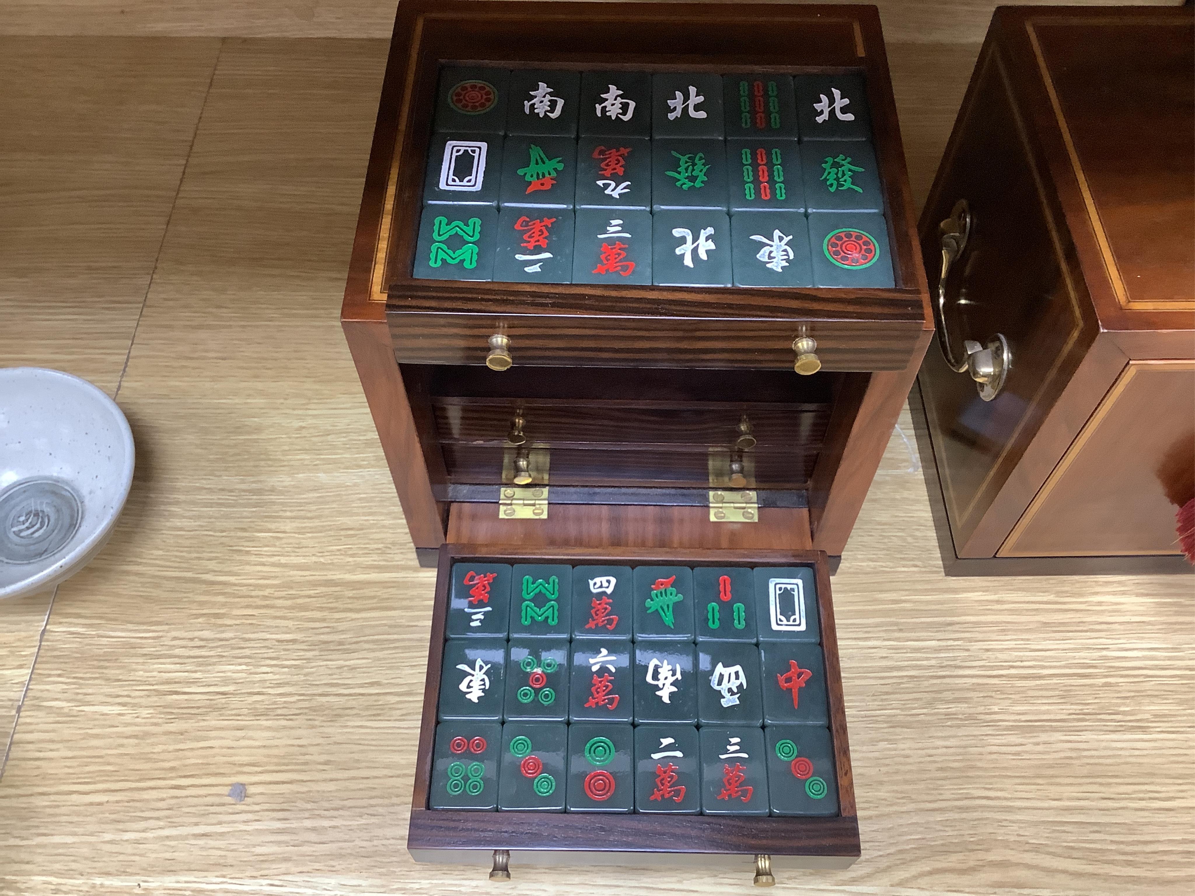 Two mahogany-cased hardstone mahjong sets, 22.5cm tall